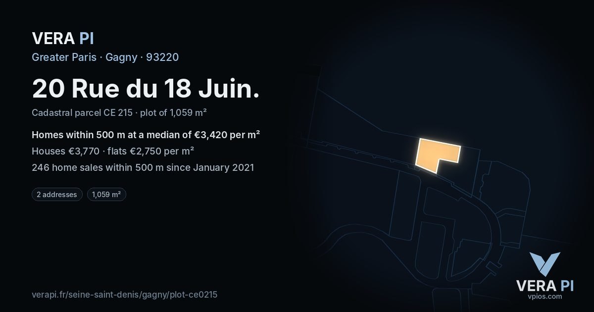 20 Rue du 18 Juin, Gagny at night – the plot lit, the parcels around coloured by the prices near them