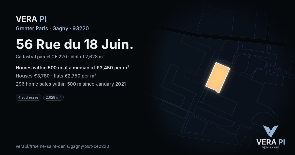 56 Rue du 18 Juin, Gagny at night – the plot lit, the parcels around coloured by the prices near them