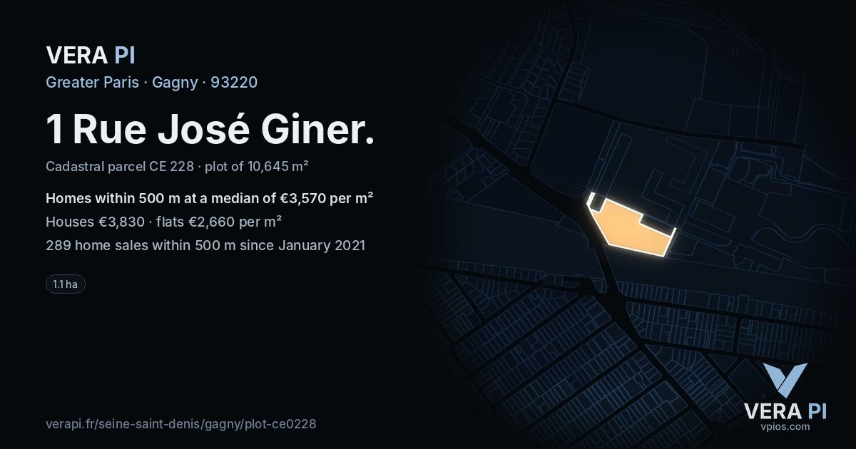 1 Rue José Giner, Gagny at night – the plot lit, the parcels around coloured by the prices near them