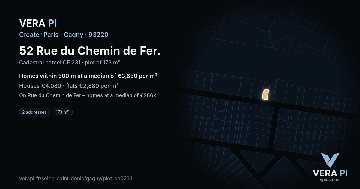 52 Rue du Chemin de Fer, Gagny at night – the plot lit, the parcels around coloured by the prices near them
