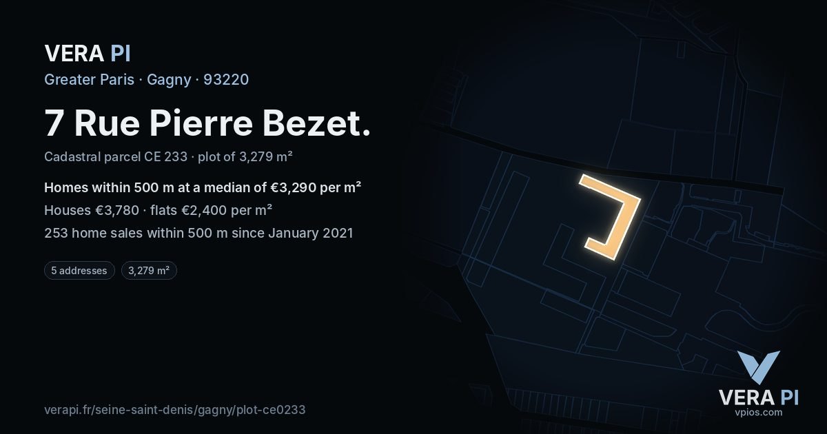 7 Rue Pierre Bezet, Gagny at night – the plot lit, the parcels around coloured by the prices near them