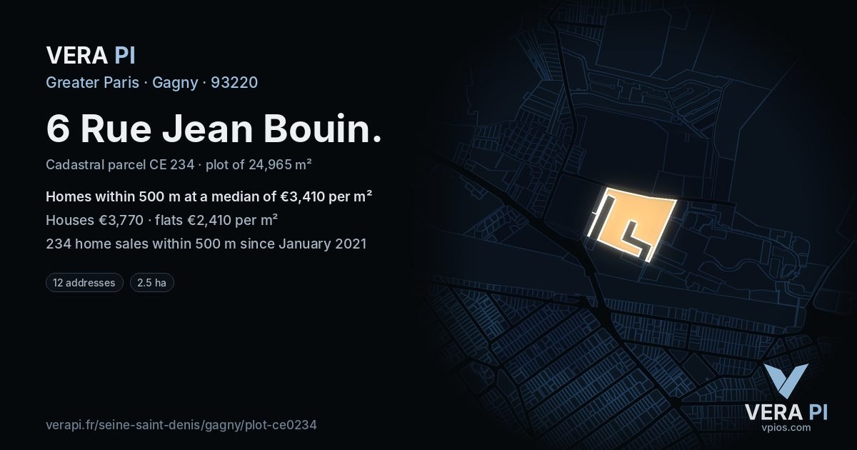 6 Rue Jean Bouin, Gagny at night – the plot lit, the parcels around coloured by the prices near them