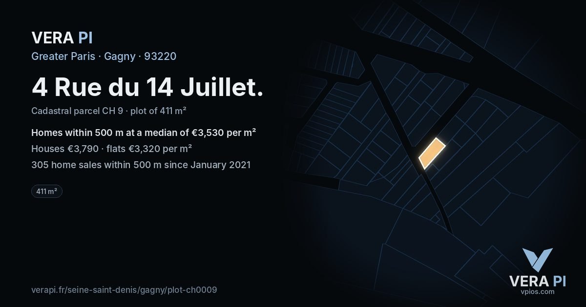 4 Rue du 14 Juillet, Gagny at night – the plot lit, the parcels around coloured by the prices near them