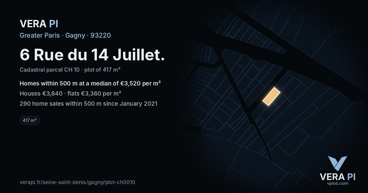 6 Rue du 14 Juillet, Gagny at night – the plot lit, the parcels around coloured by the prices near them