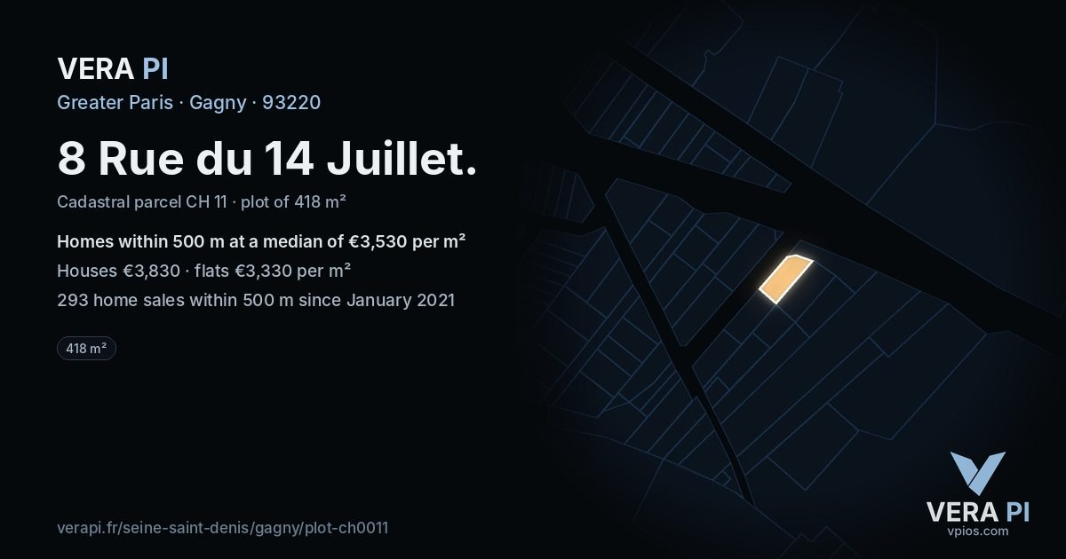 8 Rue du 14 Juillet, Gagny at night – the plot lit, the parcels around coloured by the prices near them