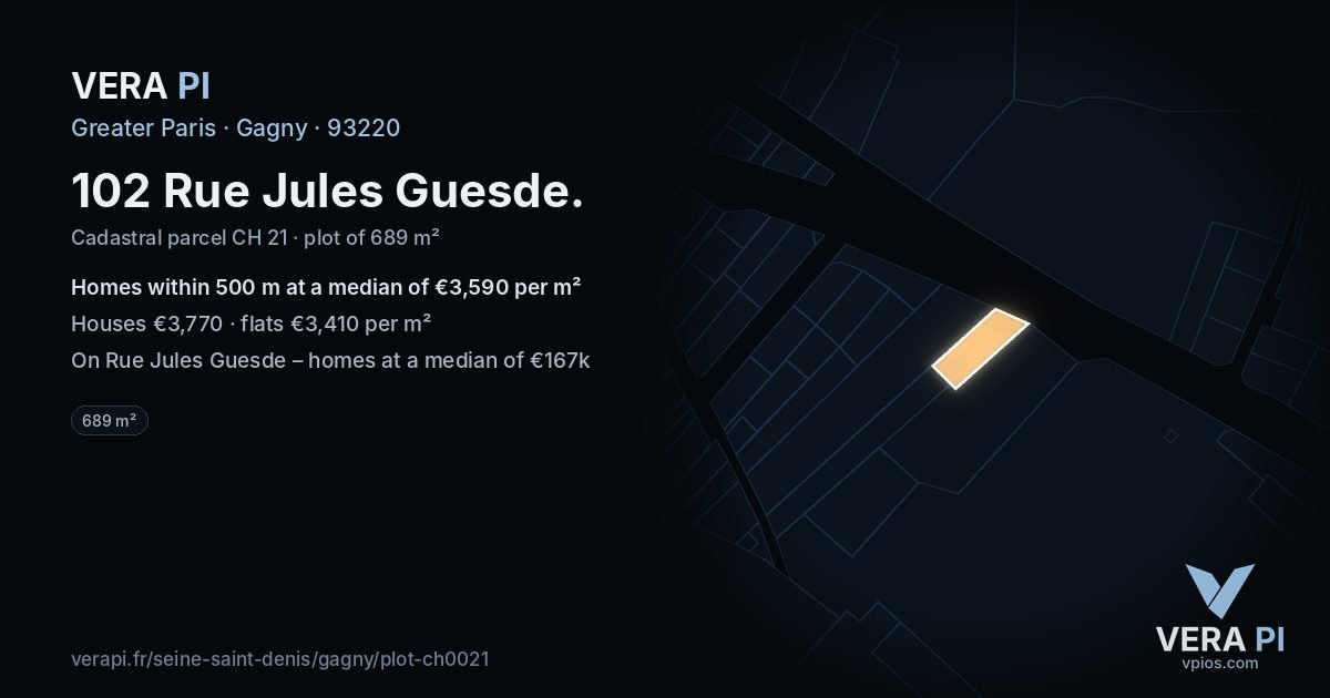 102 Rue Jules Guesde, Gagny at night – the plot lit, the parcels around coloured by the prices near them