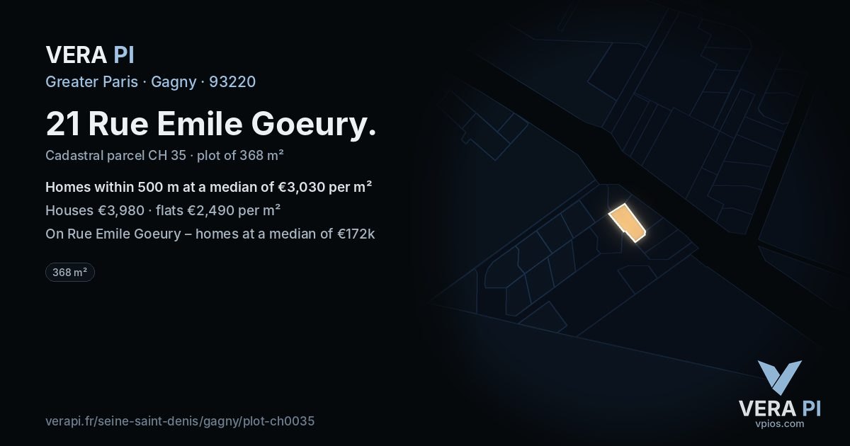 21 Rue Emile Goeury, Gagny at night – the plot lit, the parcels around coloured by the prices near them