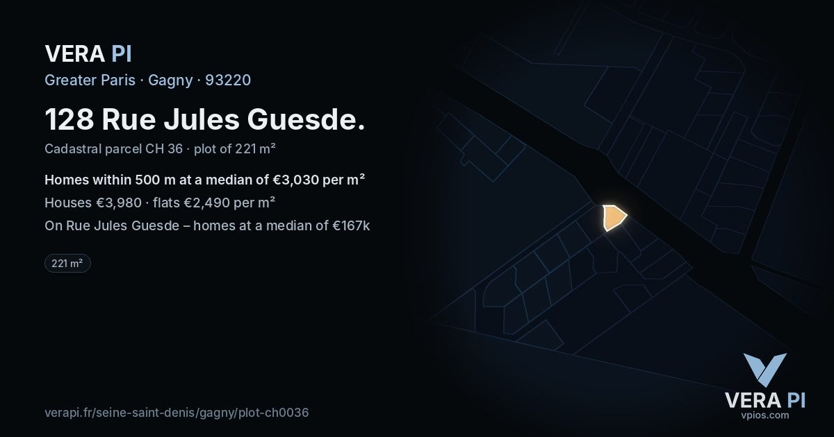 128 Rue Jules Guesde, Gagny at night – the plot lit, the parcels around coloured by the prices near them