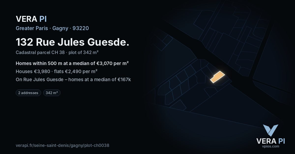 132 Rue Jules Guesde, Gagny at night – the plot lit, the parcels around coloured by the prices near them