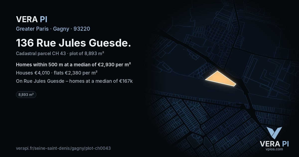 136 Rue Jules Guesde, Gagny at night – the plot lit, the parcels around coloured by the prices near them