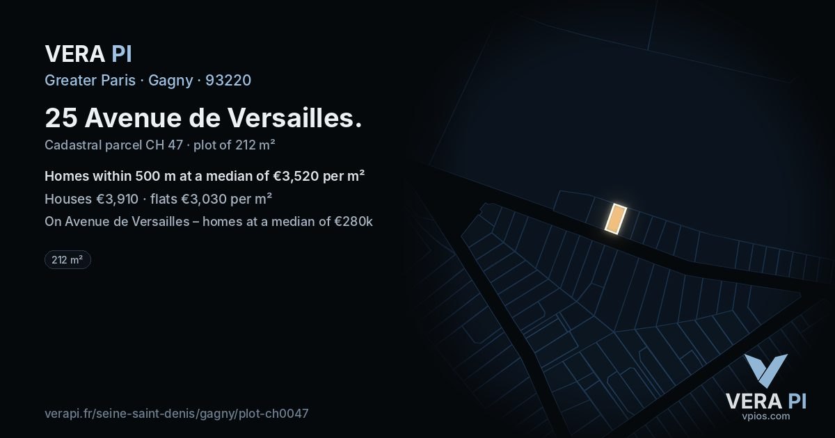 25 Avenue de Versailles, Gagny at night – the plot lit, the parcels around coloured by the prices near them