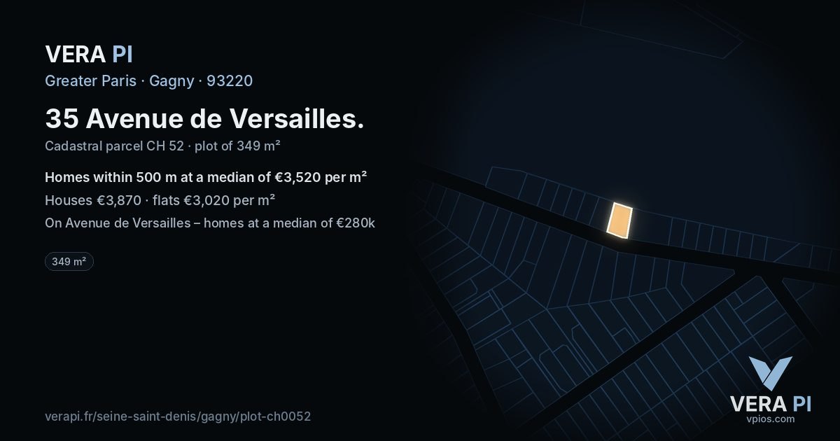 35 Avenue de Versailles, Gagny at night – the plot lit, the parcels around coloured by the prices near them