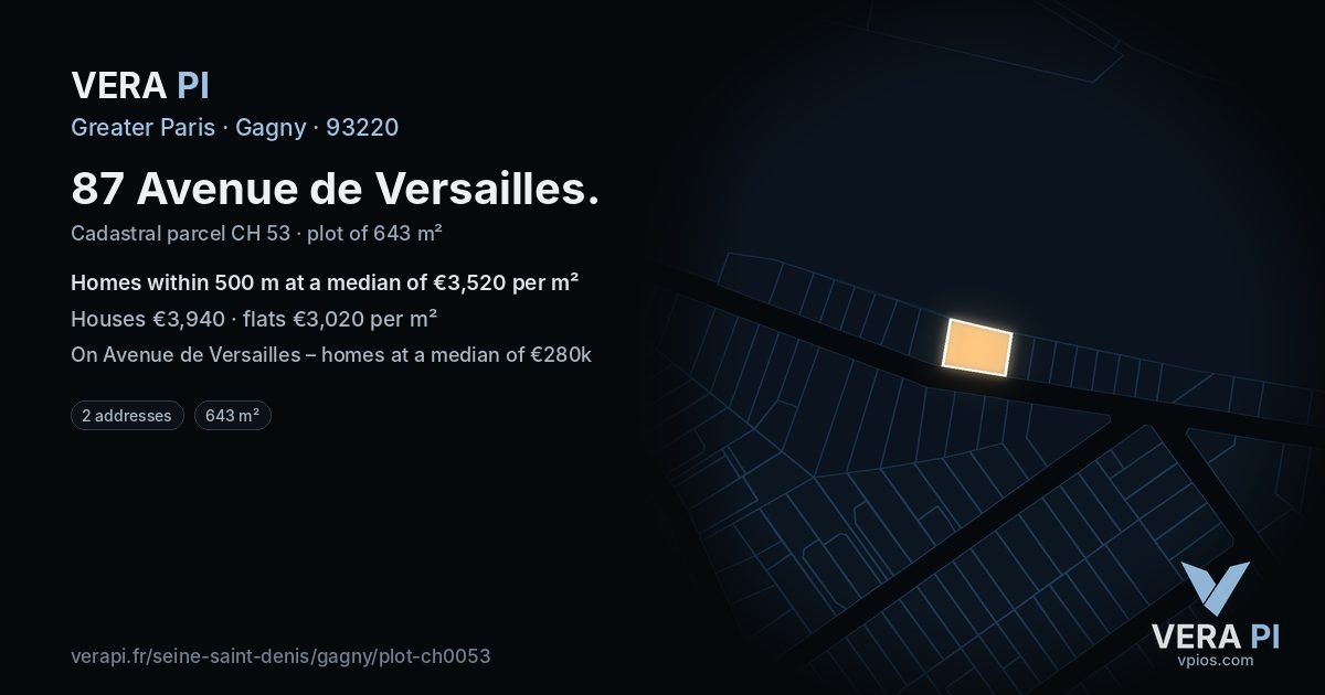 87 Avenue de Versailles, Gagny at night – the plot lit, the parcels around coloured by the prices near them