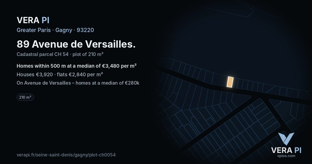 89 Avenue de Versailles, Gagny at night – the plot lit, the parcels around coloured by the prices near them