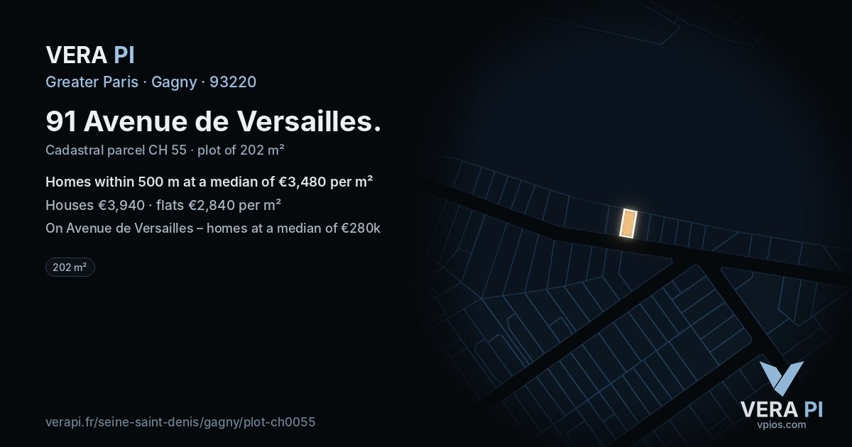 91 Avenue de Versailles, Gagny at night – the plot lit, the parcels around coloured by the prices near them