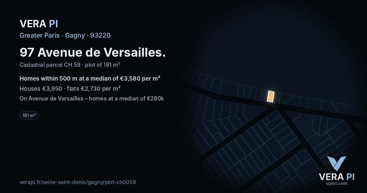 97 Avenue de Versailles, Gagny at night – the plot lit, the parcels around coloured by the prices near them