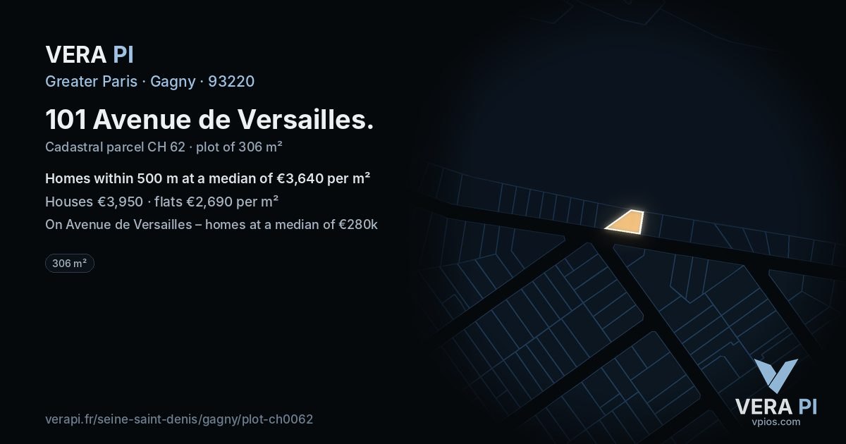 101 Avenue de Versailles, Gagny at night – the plot lit, the parcels around coloured by the prices near them