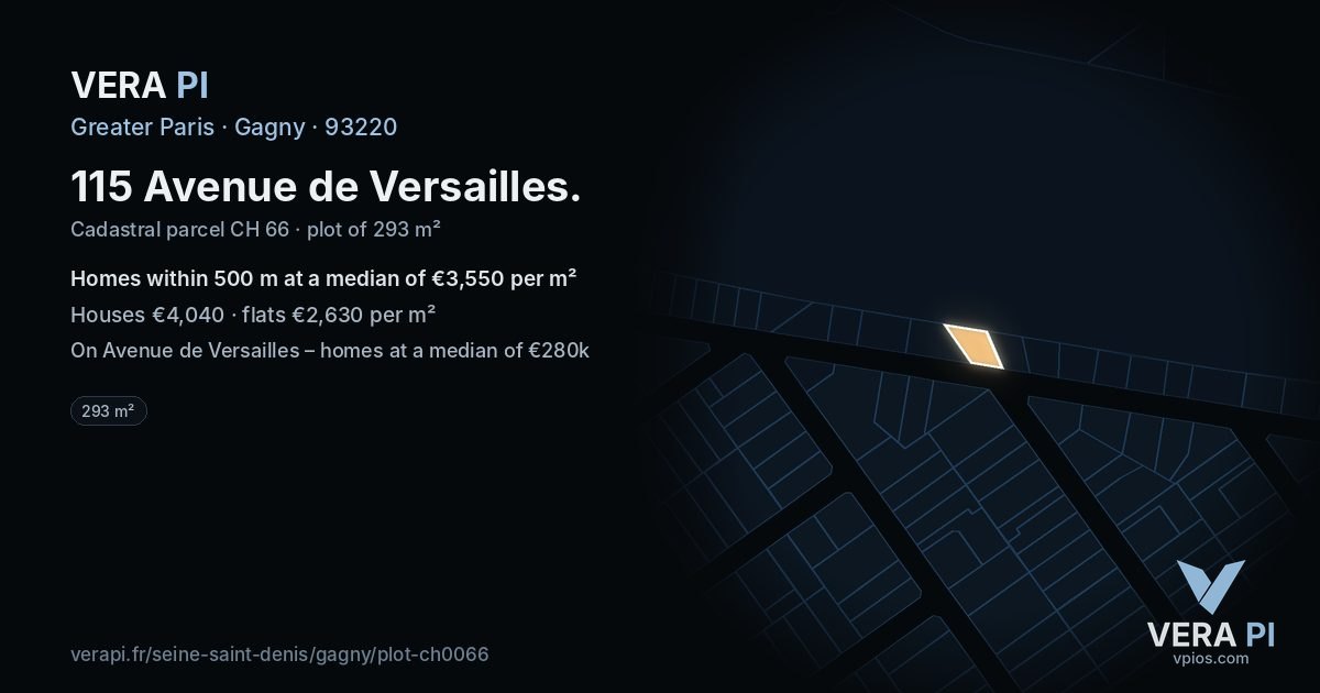 115 Avenue de Versailles, Gagny at night – the plot lit, the parcels around coloured by the prices near them