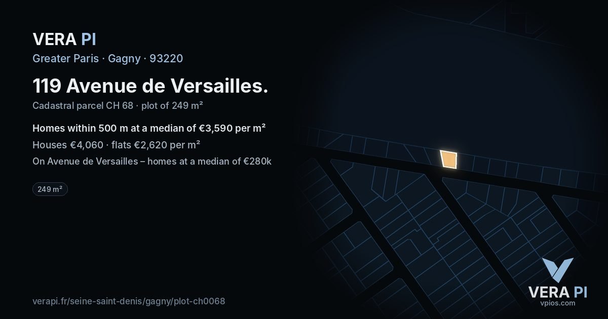 119 Avenue de Versailles, Gagny at night – the plot lit, the parcels around coloured by the prices near them