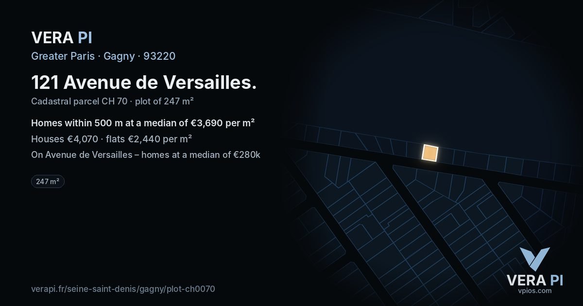 121 Avenue de Versailles, Gagny at night – the plot lit, the parcels around coloured by the prices near them