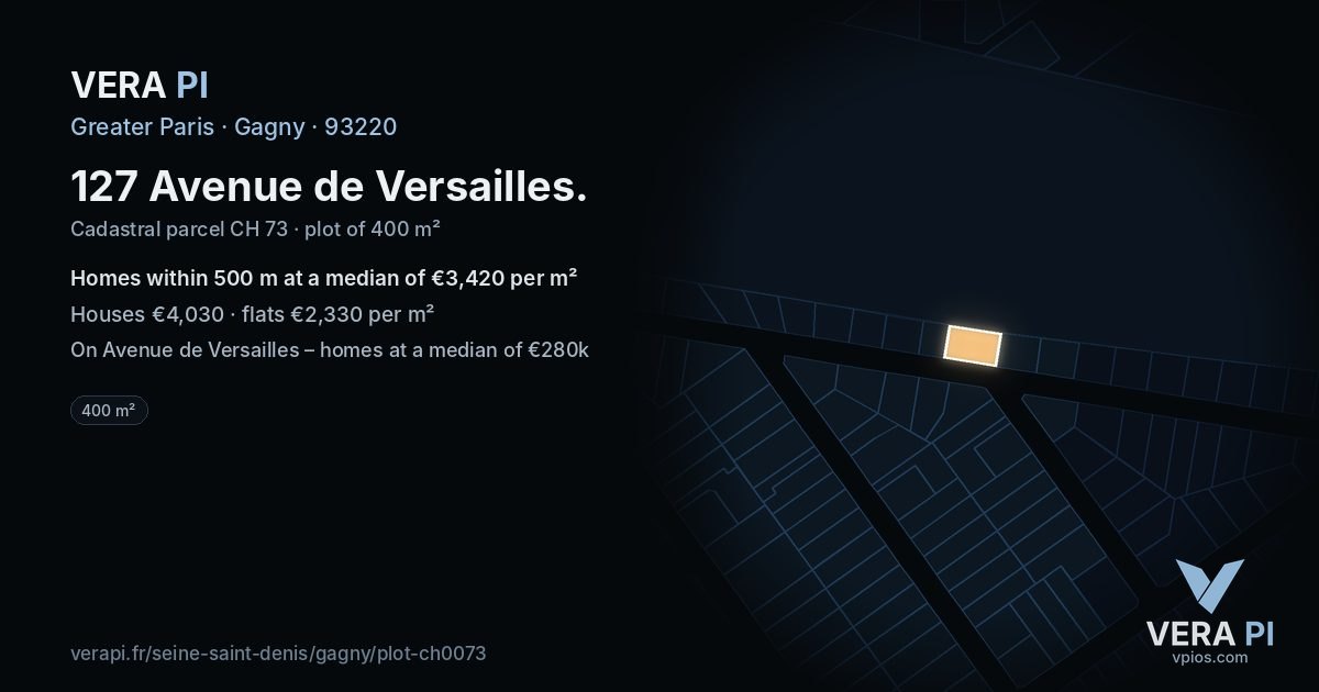 127 Avenue de Versailles, Gagny at night – the plot lit, the parcels around coloured by the prices near them