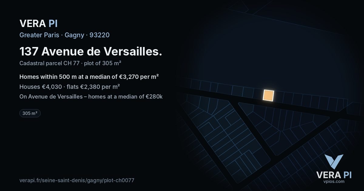 137 Avenue de Versailles, Gagny at night – the plot lit, the parcels around coloured by the prices near them