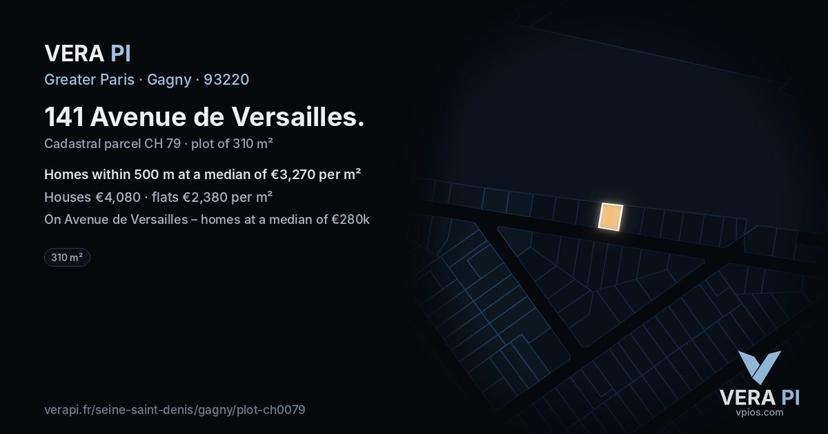 141 Avenue de Versailles, Gagny at night – the plot lit, the parcels around coloured by the prices near them