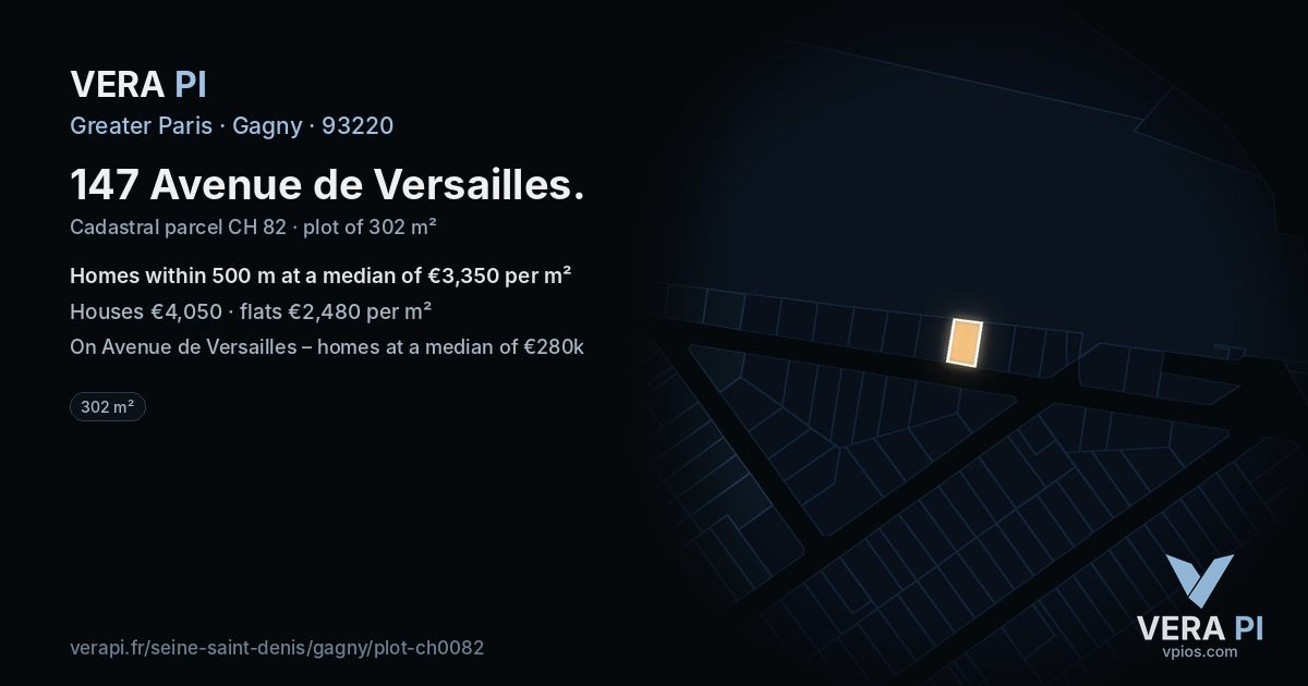 147 Avenue de Versailles, Gagny at night – the plot lit, the parcels around coloured by the prices near them