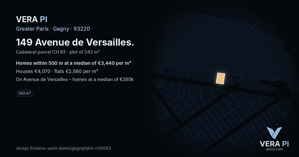 149 Avenue de Versailles, Gagny at night – the plot lit, the parcels around coloured by the prices near them