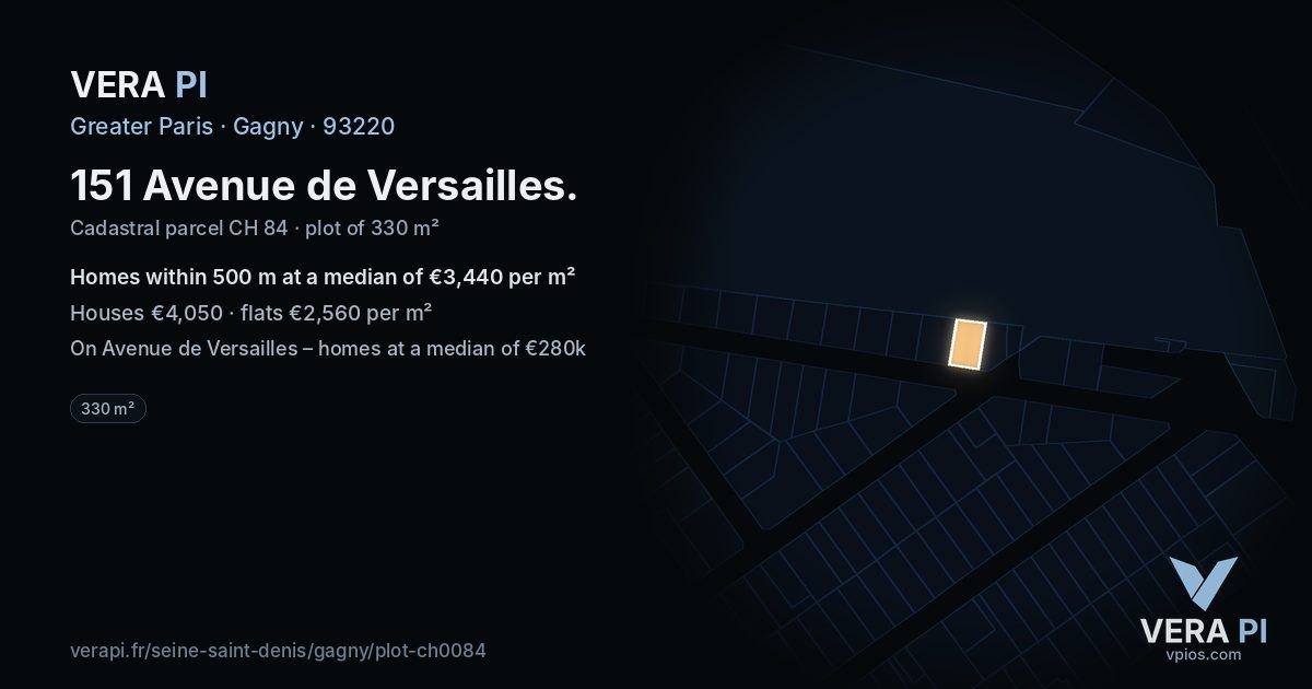 151 Avenue de Versailles, Gagny at night – the plot lit, the parcels around coloured by the prices near them