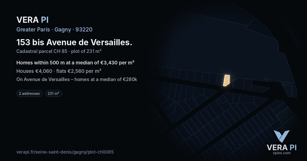 153 bis Avenue de Versailles, Gagny at night – the plot lit, the parcels around coloured by the prices near them
