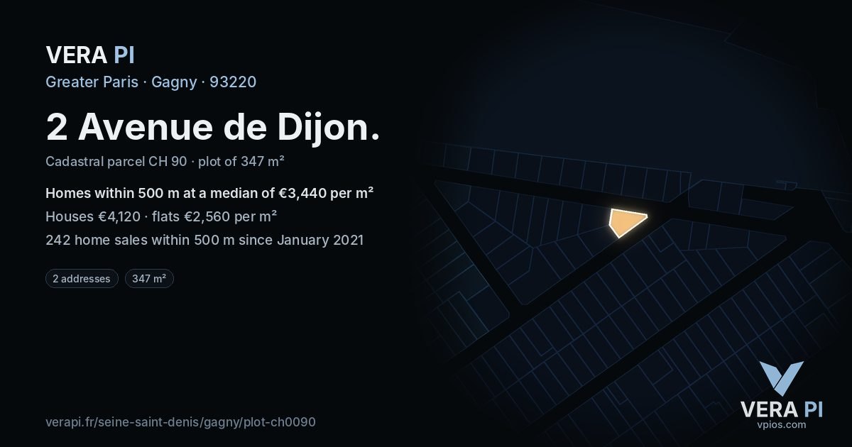 2 Avenue de Dijon, Gagny at night – the plot lit, the parcels around coloured by the prices near them