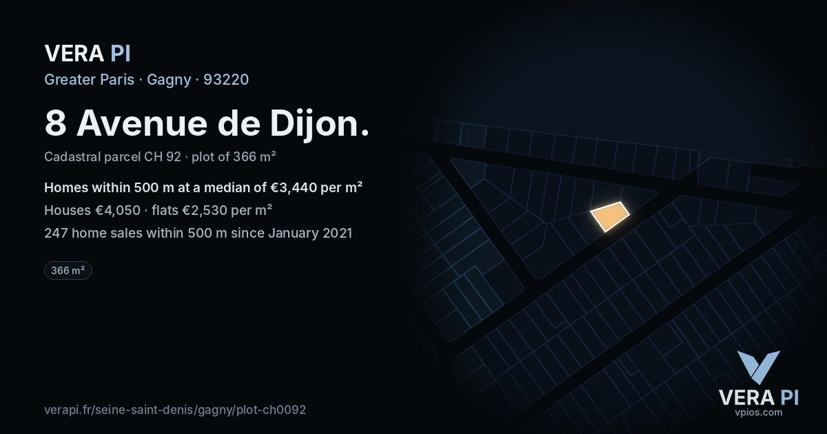 8 Avenue de Dijon, Gagny at night – the plot lit, the parcels around coloured by the prices near them