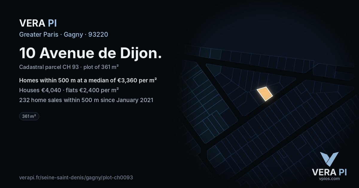 10 Avenue de Dijon, Gagny at night – the plot lit, the parcels around coloured by the prices near them