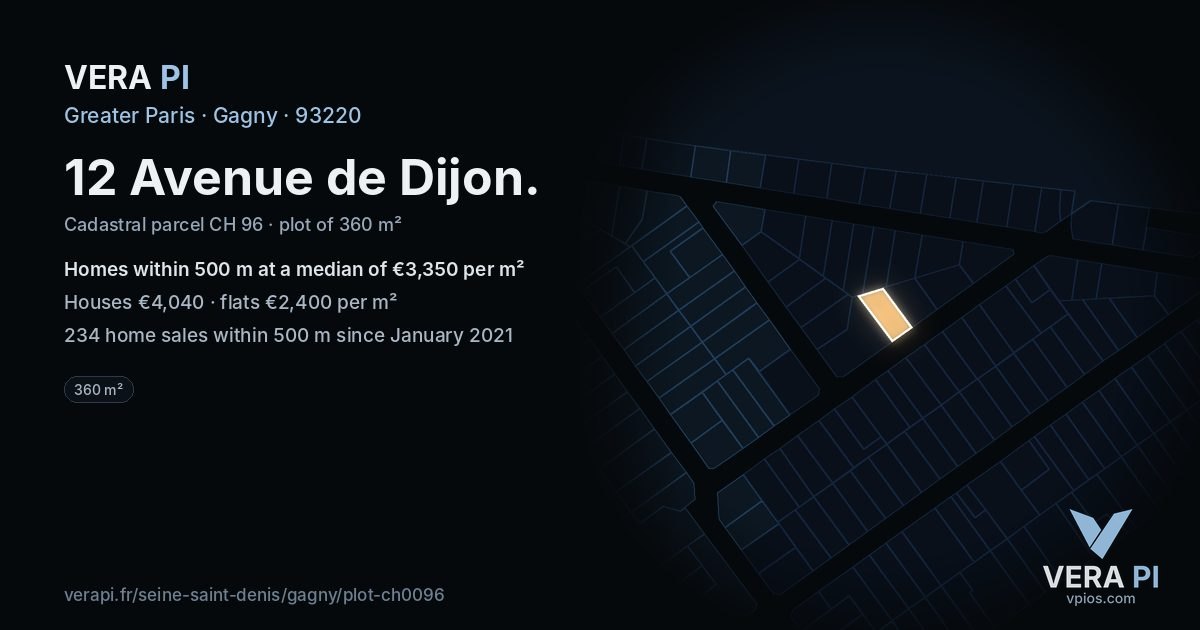 12 Avenue de Dijon, Gagny at night – the plot lit, the parcels around coloured by the prices near them