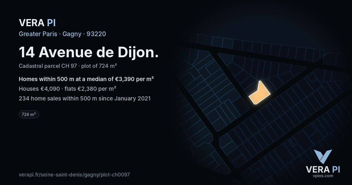 14 Avenue de Dijon, Gagny at night – the plot lit, the parcels around coloured by the prices near them