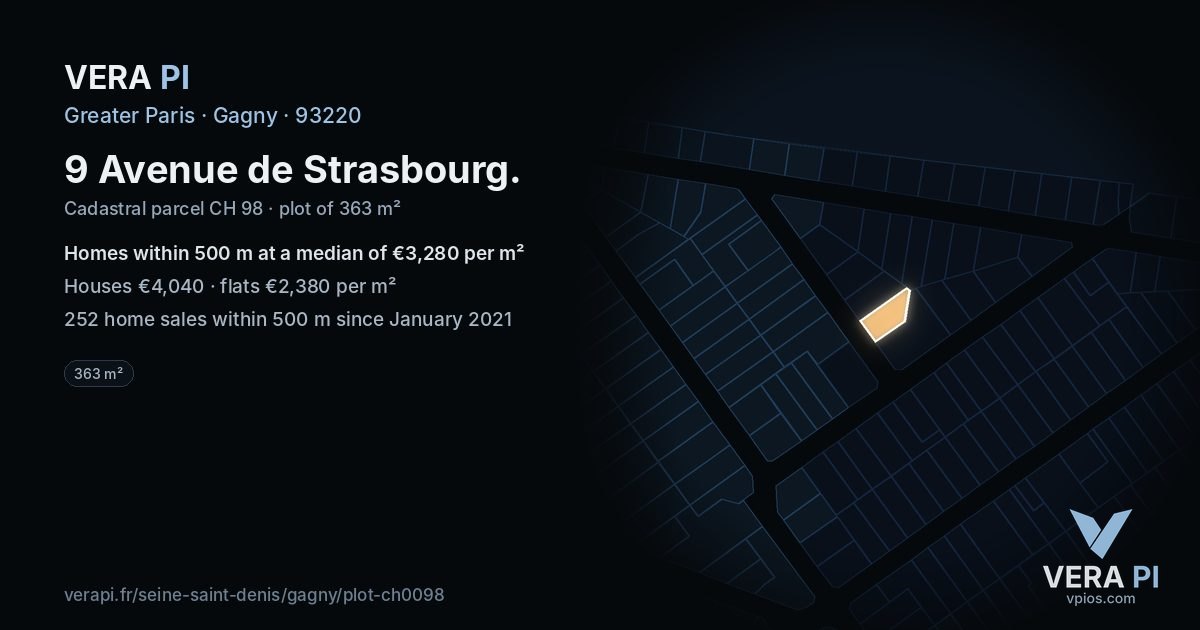 9 Avenue de Strasbourg, Gagny at night – the plot lit, the parcels around coloured by the prices near them