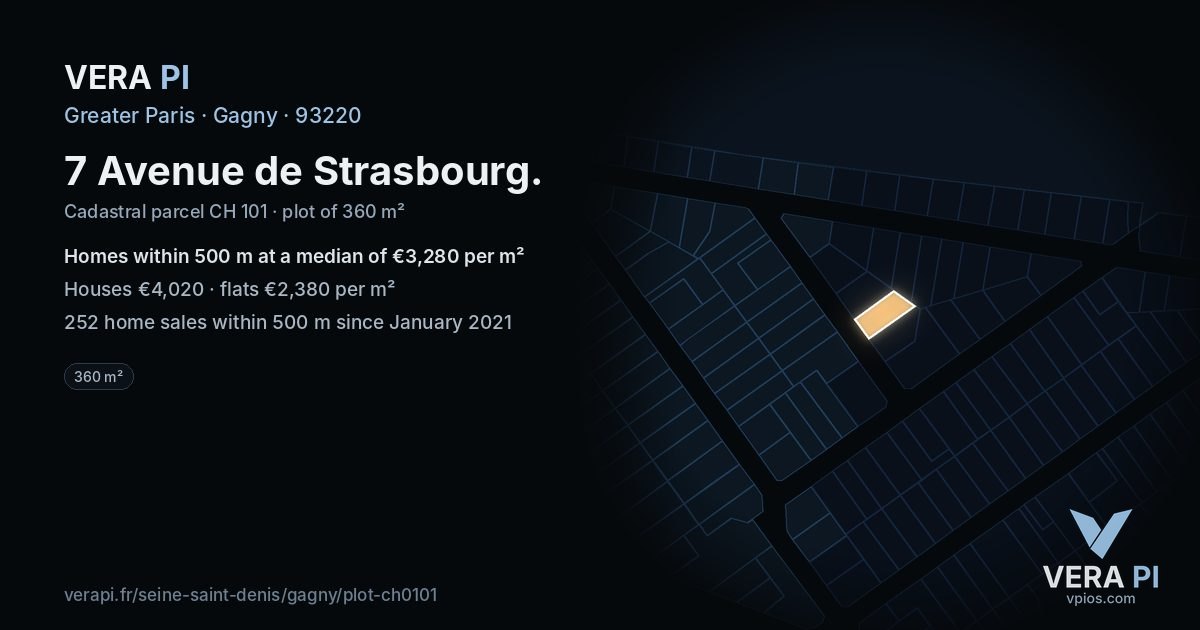 7 Avenue de Strasbourg, Gagny at night – the plot lit, the parcels around coloured by the prices near them