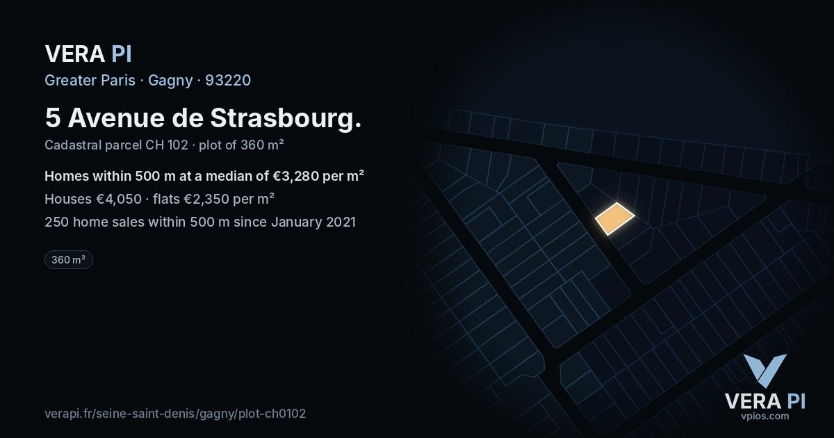 5 Avenue de Strasbourg, Gagny at night – the plot lit, the parcels around coloured by the prices near them