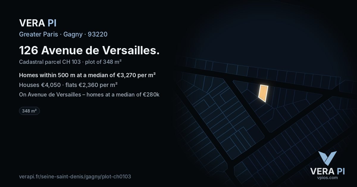 126 Avenue de Versailles, Gagny at night – the plot lit, the parcels around coloured by the prices near them