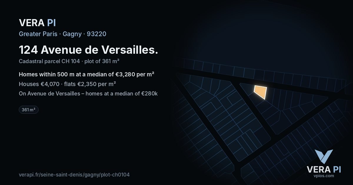 124 Avenue de Versailles, Gagny at night – the plot lit, the parcels around coloured by the prices near them