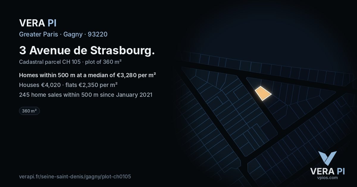 3 Avenue de Strasbourg, Gagny at night – the plot lit, the parcels around coloured by the prices near them