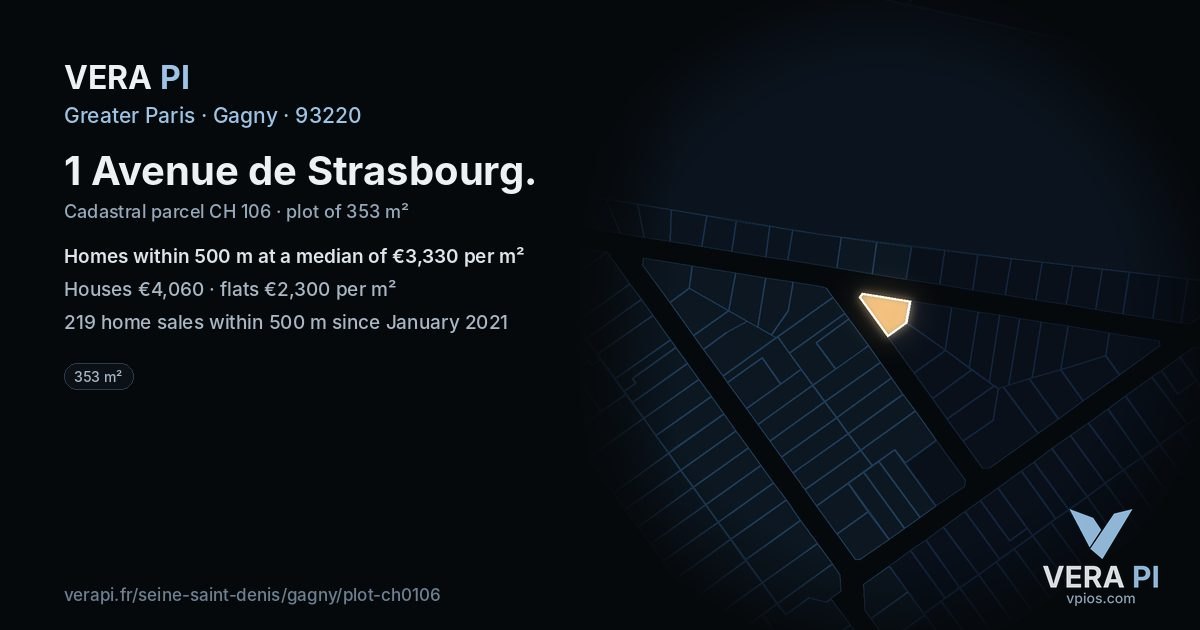 1 Avenue de Strasbourg, Gagny at night – the plot lit, the parcels around coloured by the prices near them