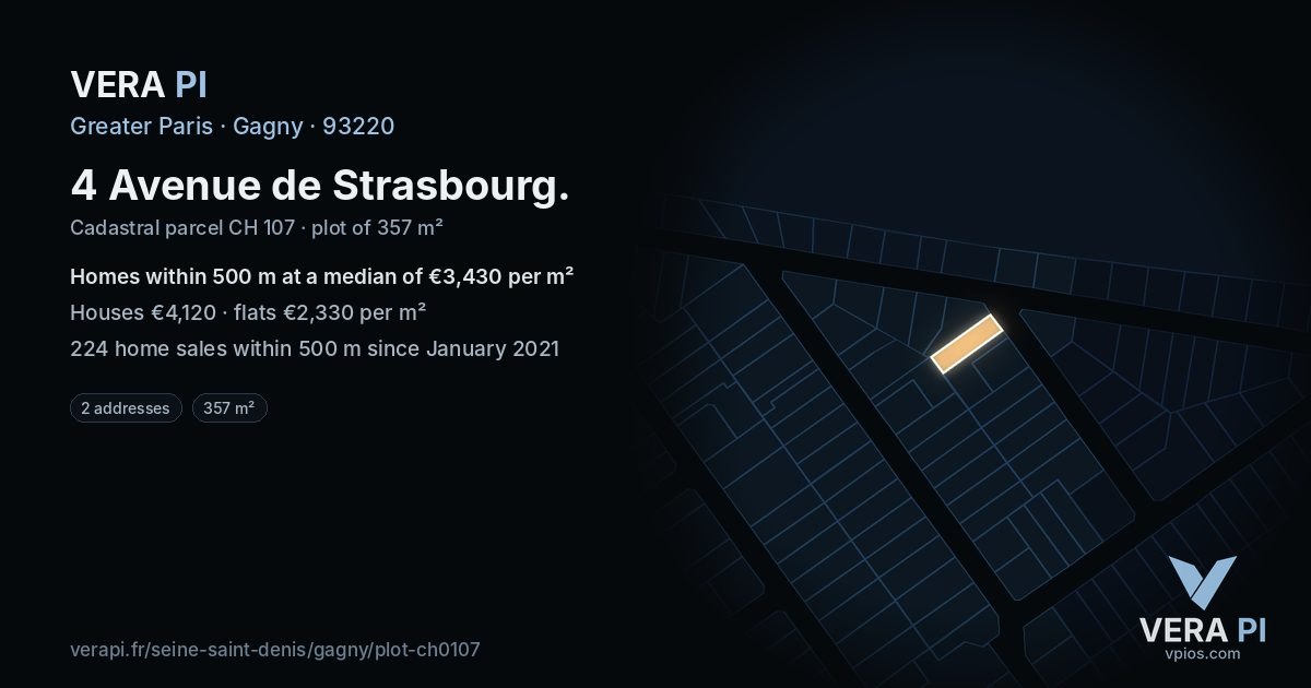 4 Avenue de Strasbourg, Gagny at night – the plot lit, the parcels around coloured by the prices near them