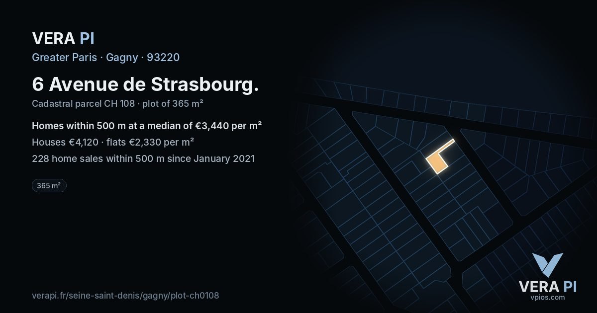 6 Avenue de Strasbourg, Gagny at night – the plot lit, the parcels around coloured by the prices near them