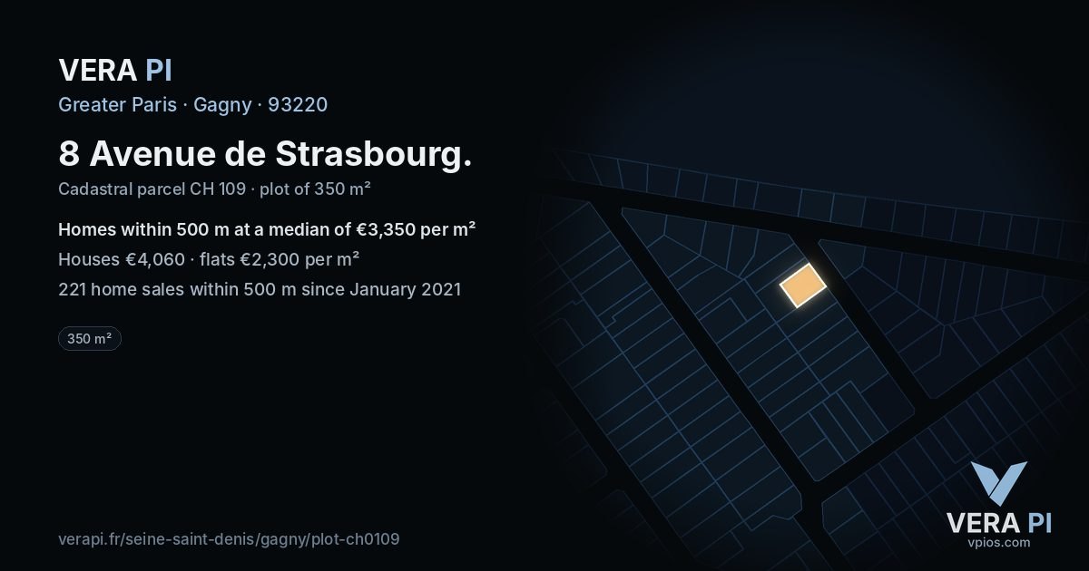 8 Avenue de Strasbourg, Gagny at night – the plot lit, the parcels around coloured by the prices near them