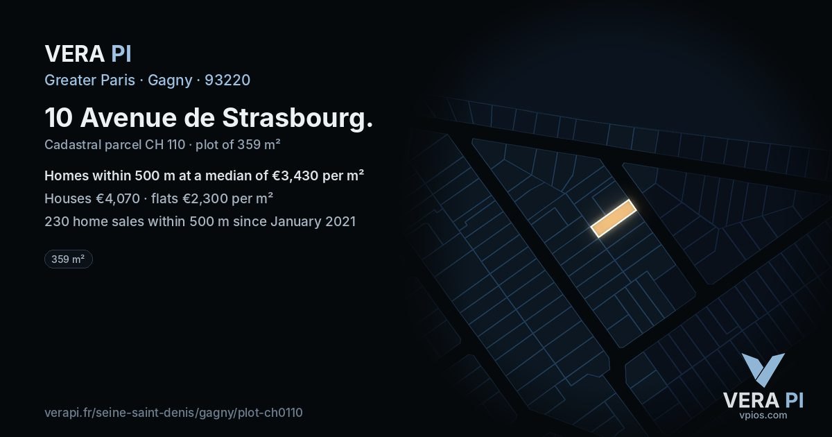 10 Avenue de Strasbourg, Gagny at night – the plot lit, the parcels around coloured by the prices near them