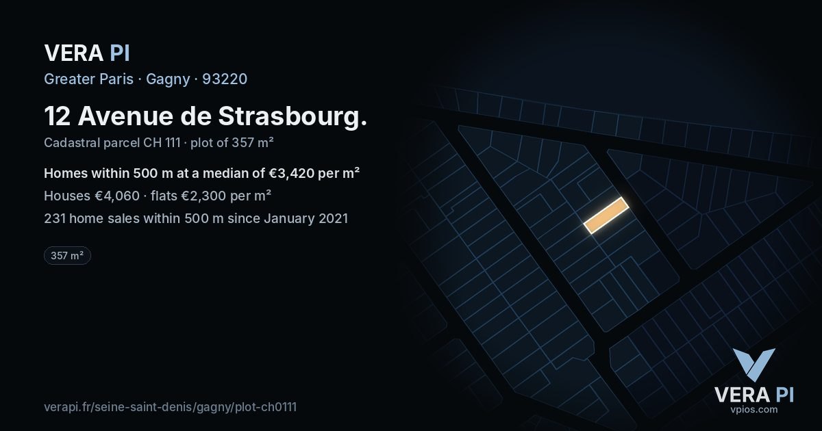 12 Avenue de Strasbourg, Gagny at night – the plot lit, the parcels around coloured by the prices near them