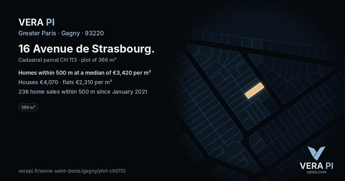 16 Avenue de Strasbourg, Gagny at night – the plot lit, the parcels around coloured by the prices near them