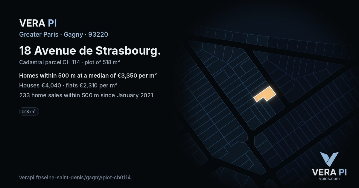 18 Avenue de Strasbourg, Gagny at night – the plot lit, the parcels around coloured by the prices near them